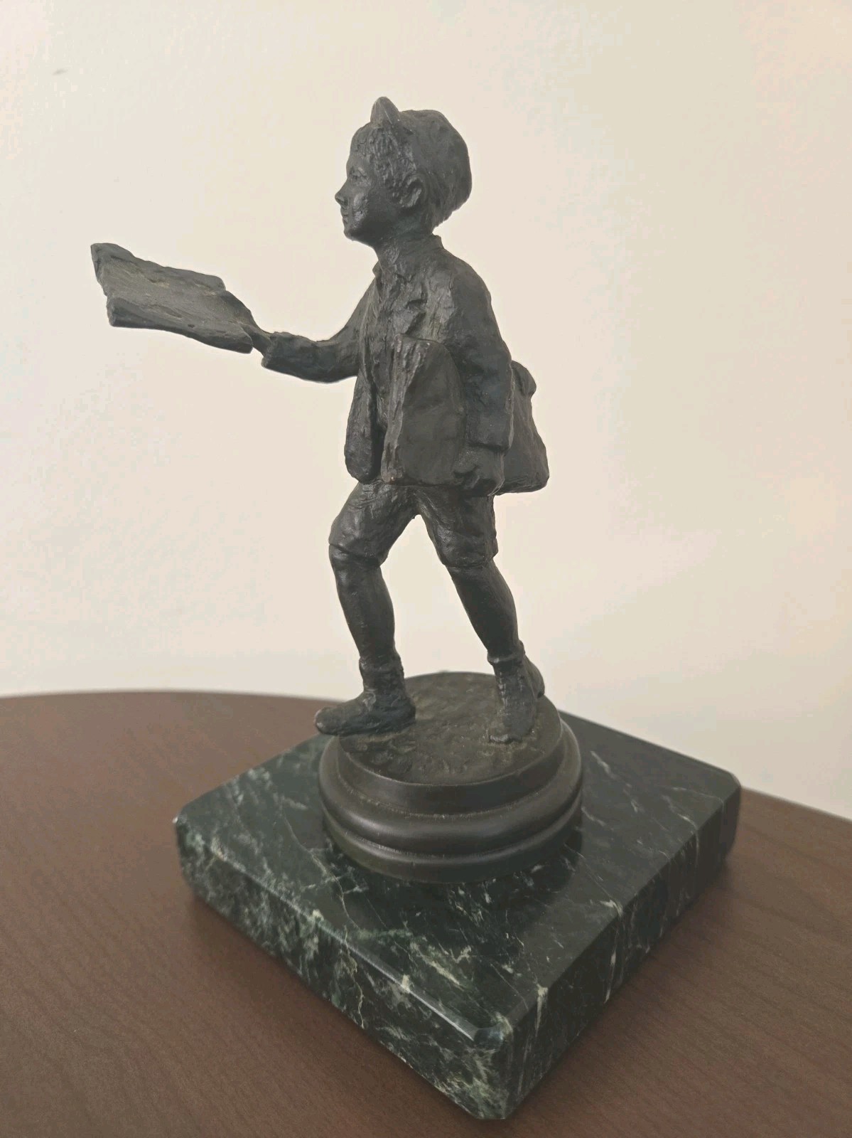 Vintage Metal Paperboy Figurine Sculpture Newsboy on Marble Base Collectible