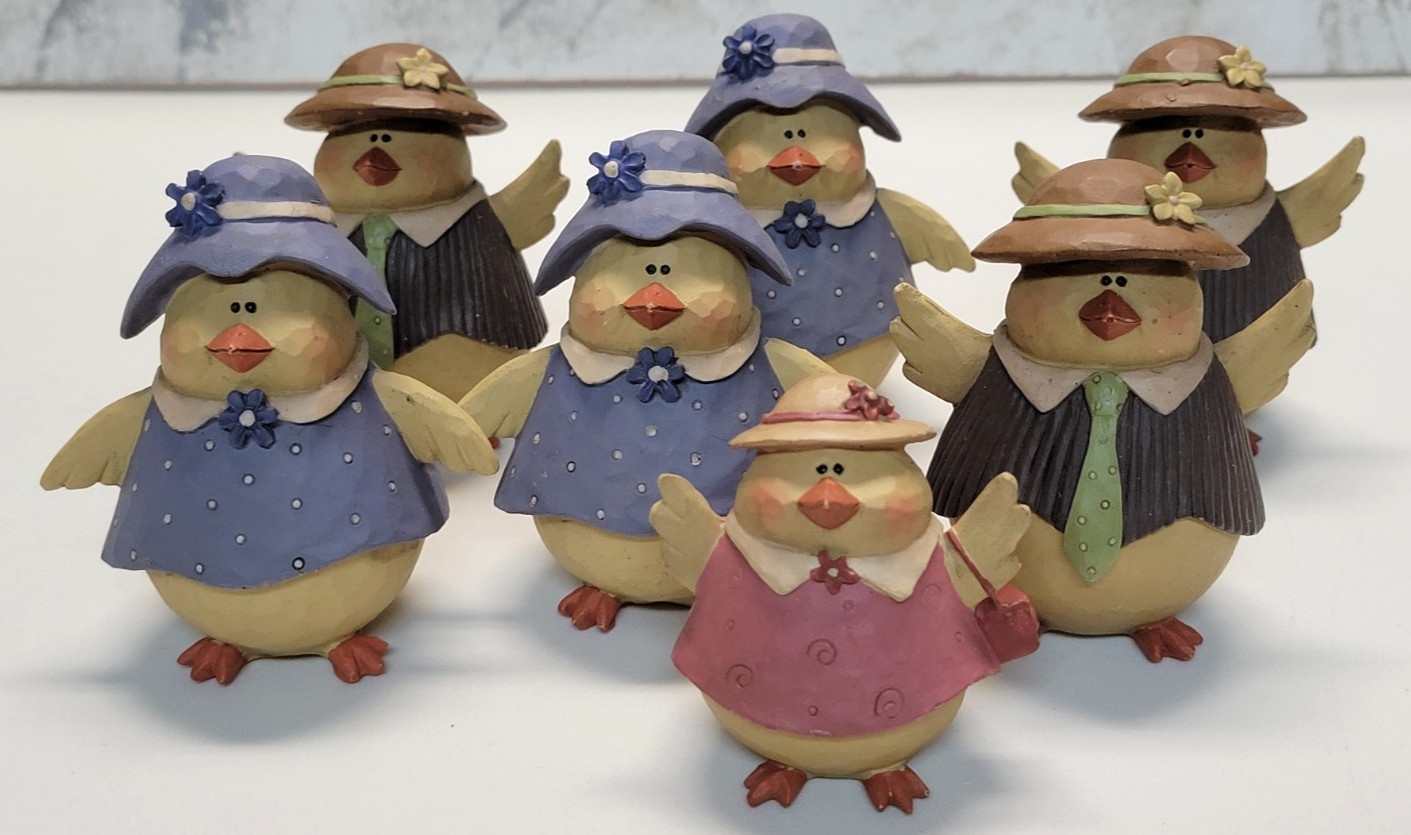Suzi Skoglund 7 Vintage Blossom Bucket Anthropomorphic Easter Chicks w/Hats Lot