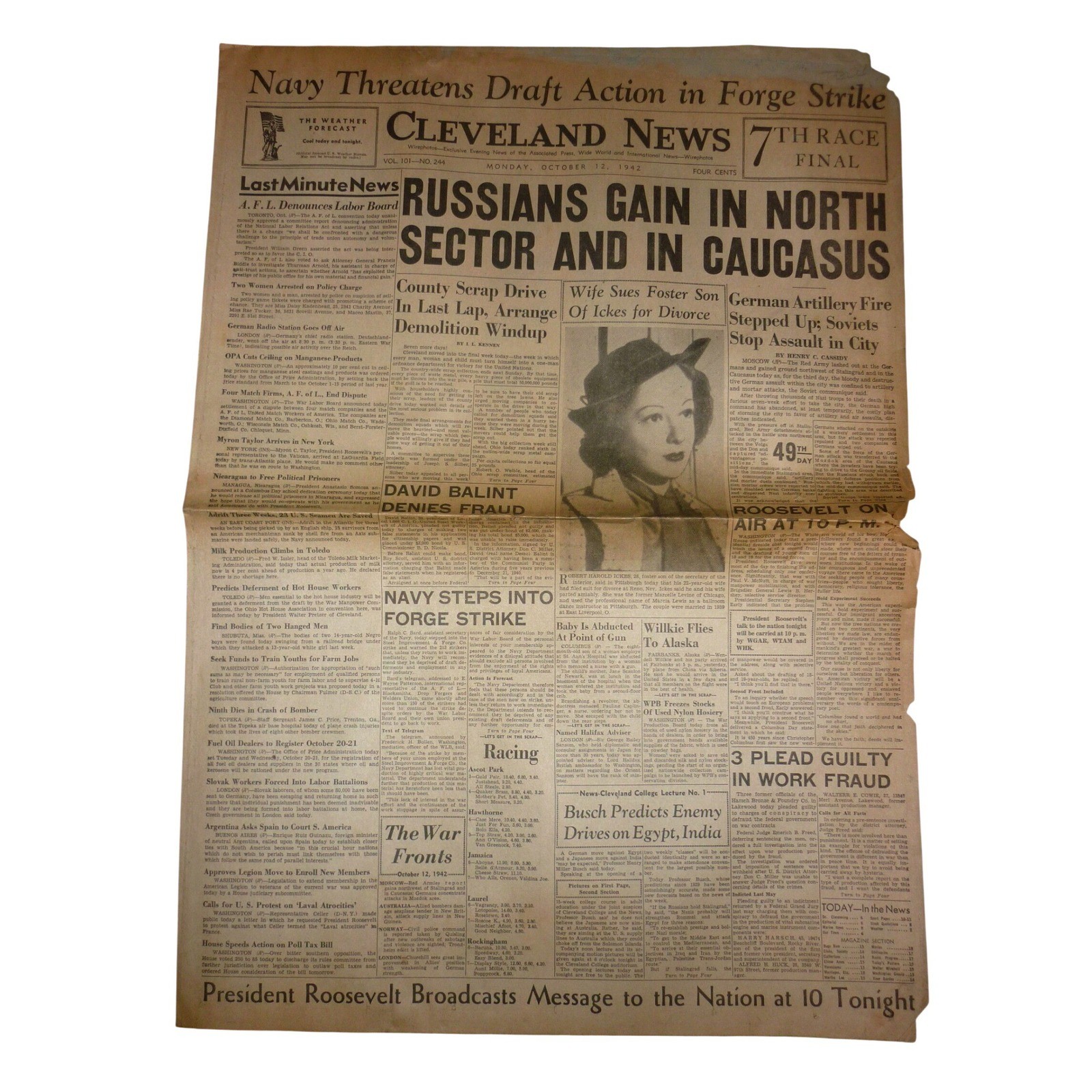 Oct 12 1942 Cleveland News WWII Newspaper Battle of Stalingrad Higbee Ad