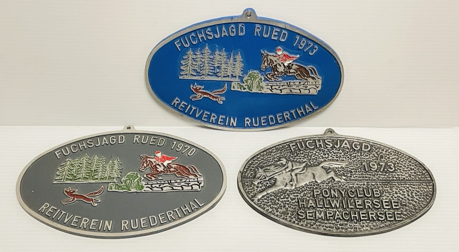 3 VTG German Equestrian for Hunting Aluminum Medallion German Fox/Horses plaques