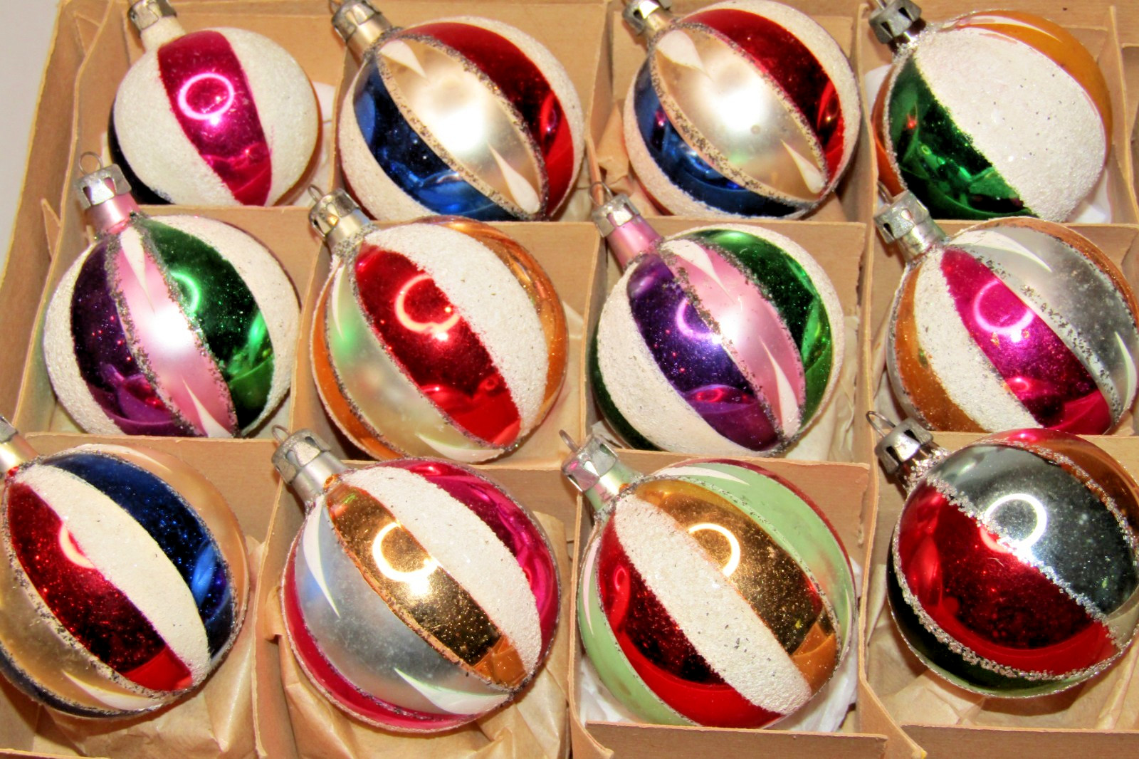 Lot VTG Glass Mica Glitter Striped HARLEQUIN Sml BALL Christmas Ornaments Poland