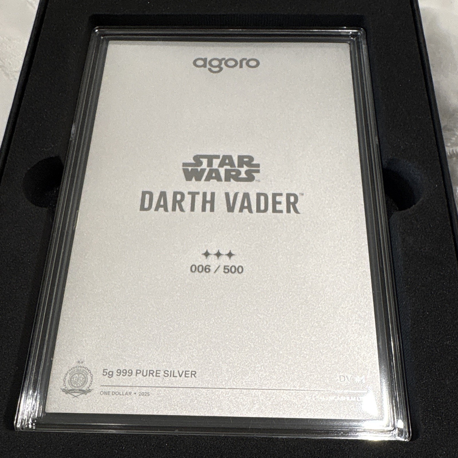Very Rare Agoro Star Wars Darth Vader 5g .999 Silver Bar #006/500