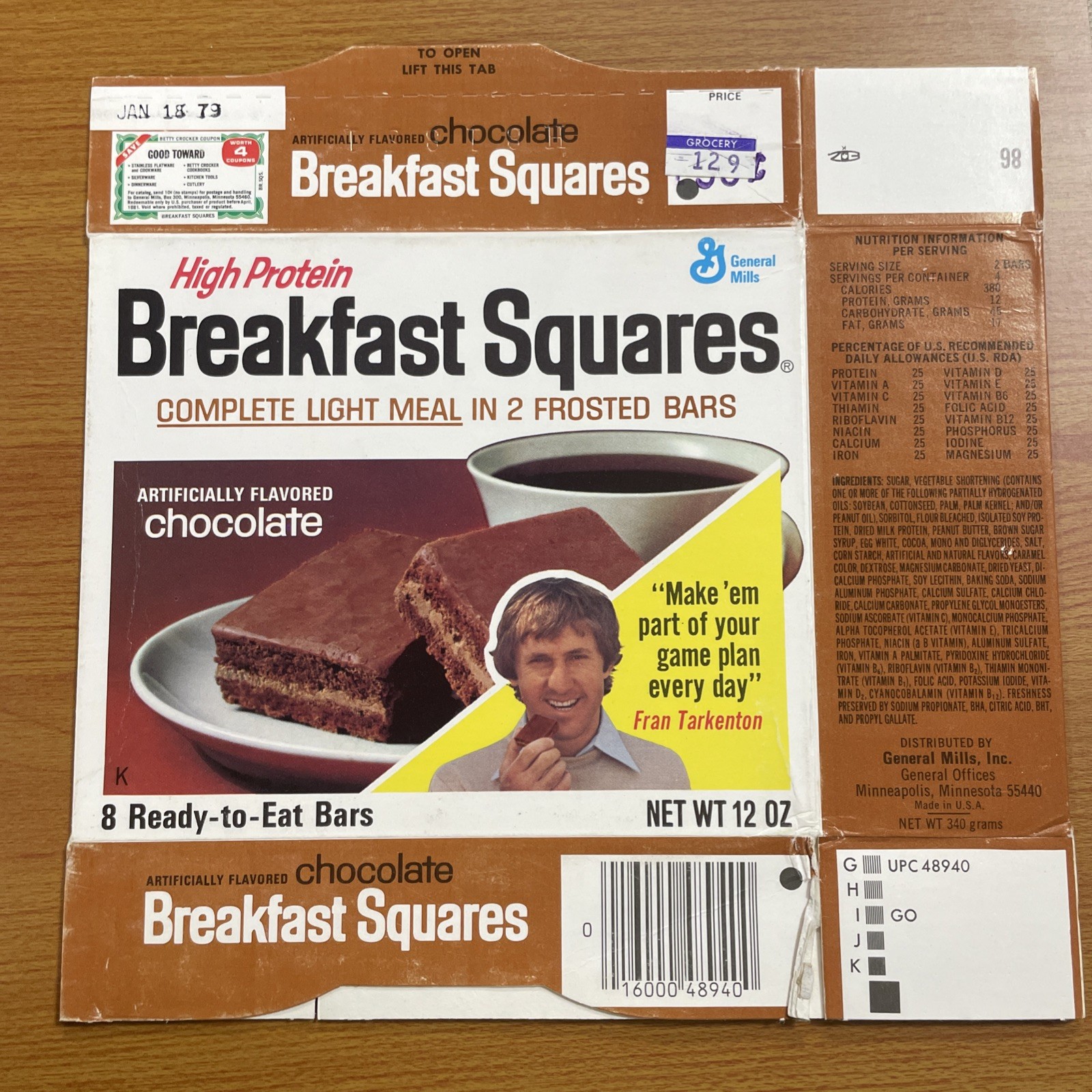 1978 General Mills High Protein Breakfast Squares Box Chocolate Fran Tarkenton 