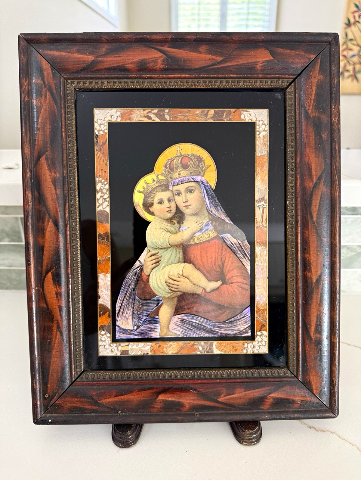 Antique Framed Victorian-era butterfly wing folk art collage Madonna & Child