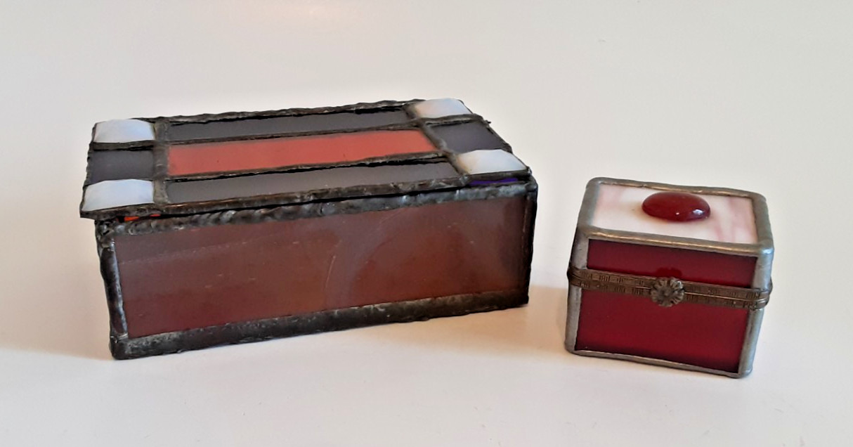 Vtg 2pc Lot Stained Glass Jewelry Trinket Box Red Cobalt White 6.5x4x2.5 2.5x2x2