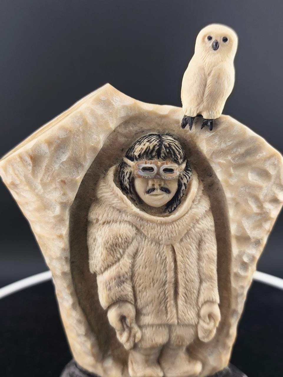 Collectible Inuit inspired Carving, Hunter with Polar Owl, Goggles and Moccasins