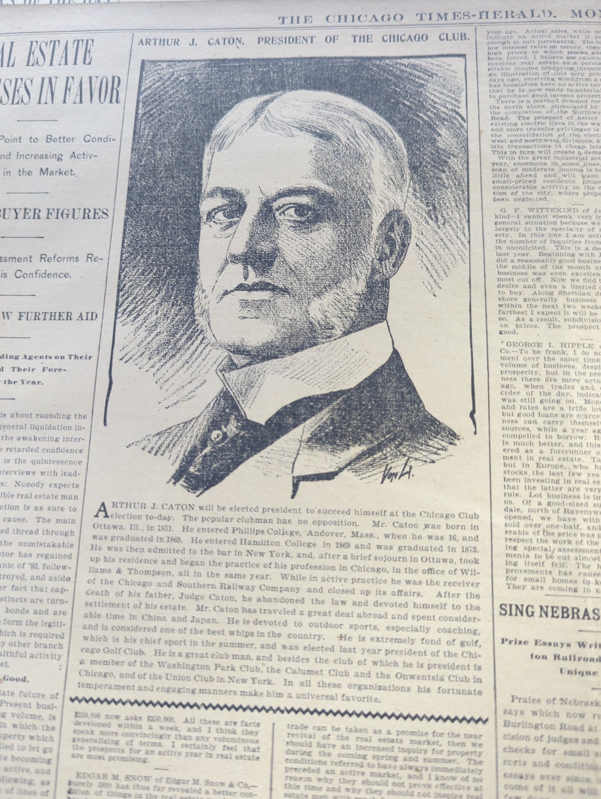 FEB 6, 1899 NEWSPAPER PG #3043- ARTHUR J. CATON, CHICAGO ATTORNEY, CHICAGO CLUB