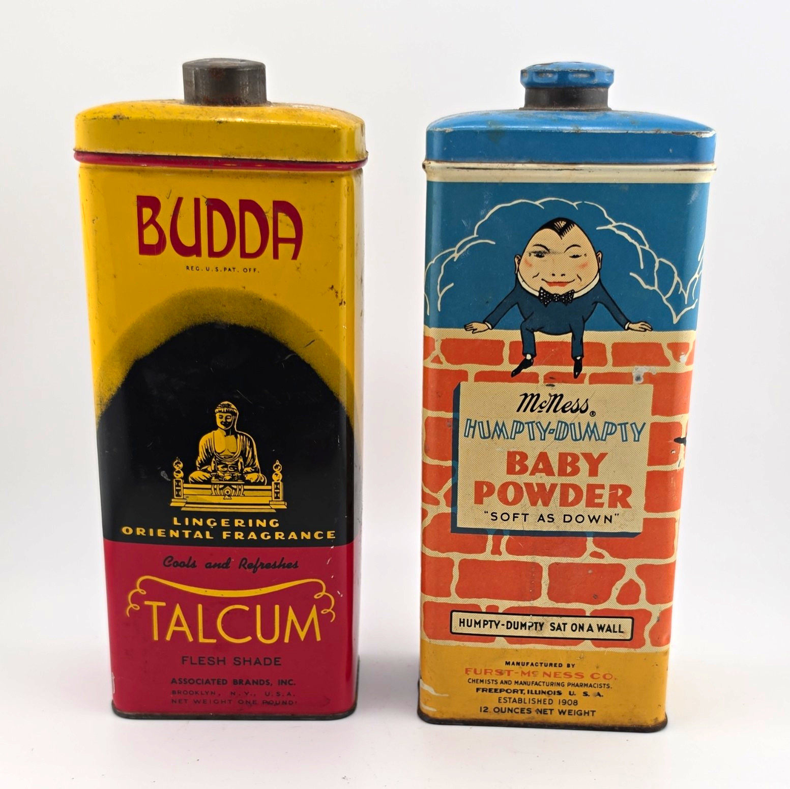 Budda & McNess Lot 2 Vintage Advertising Tins Talcum & Humpty Dumpty Powder
