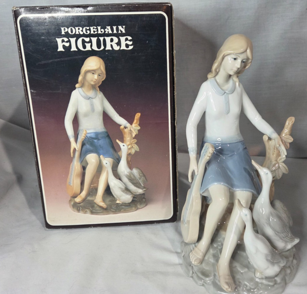 Vtg 9\'\' Kmart Japan Porcelain Figure Girl w/Guitar & Geese Blue/White Glossy