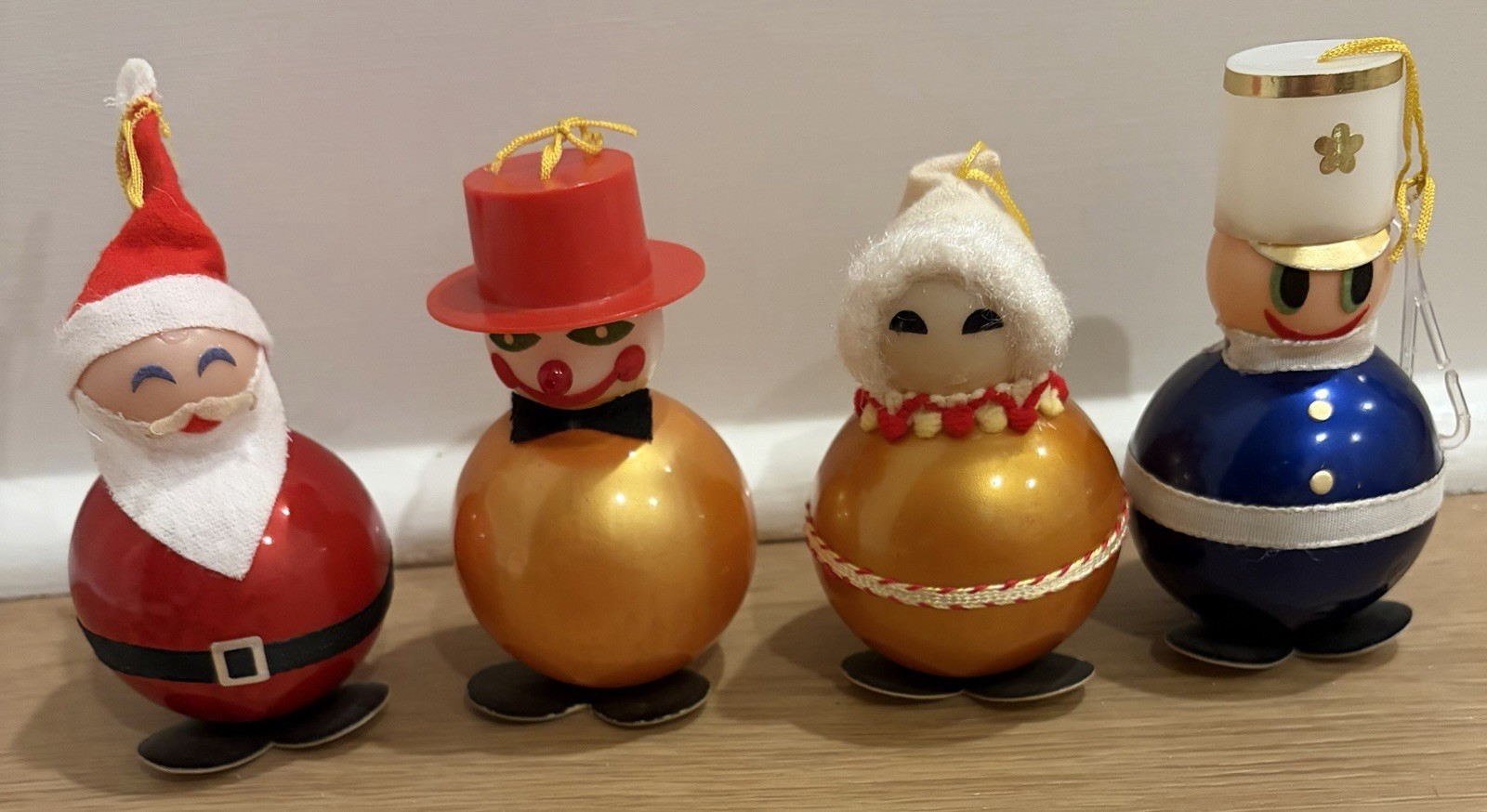 4 Vtg Hong Kong Roly Poly MCM Kitschy Christmas Ornaments Santa Snowman Eskimo