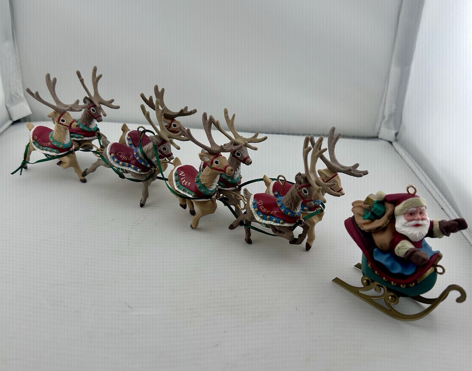 Vintage 1992 Hallmark Keepsake Santa and His Reindeer Ornament Set COMPLETE 5pc