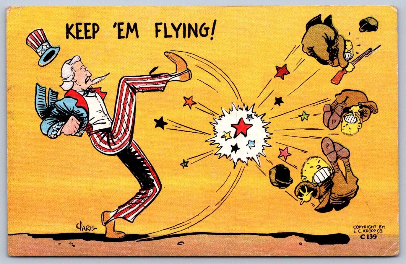 DS1/ Patriotic Postcard c1940s Uncle Sam WWII Anti-Japan Keep 'Em Flying 122