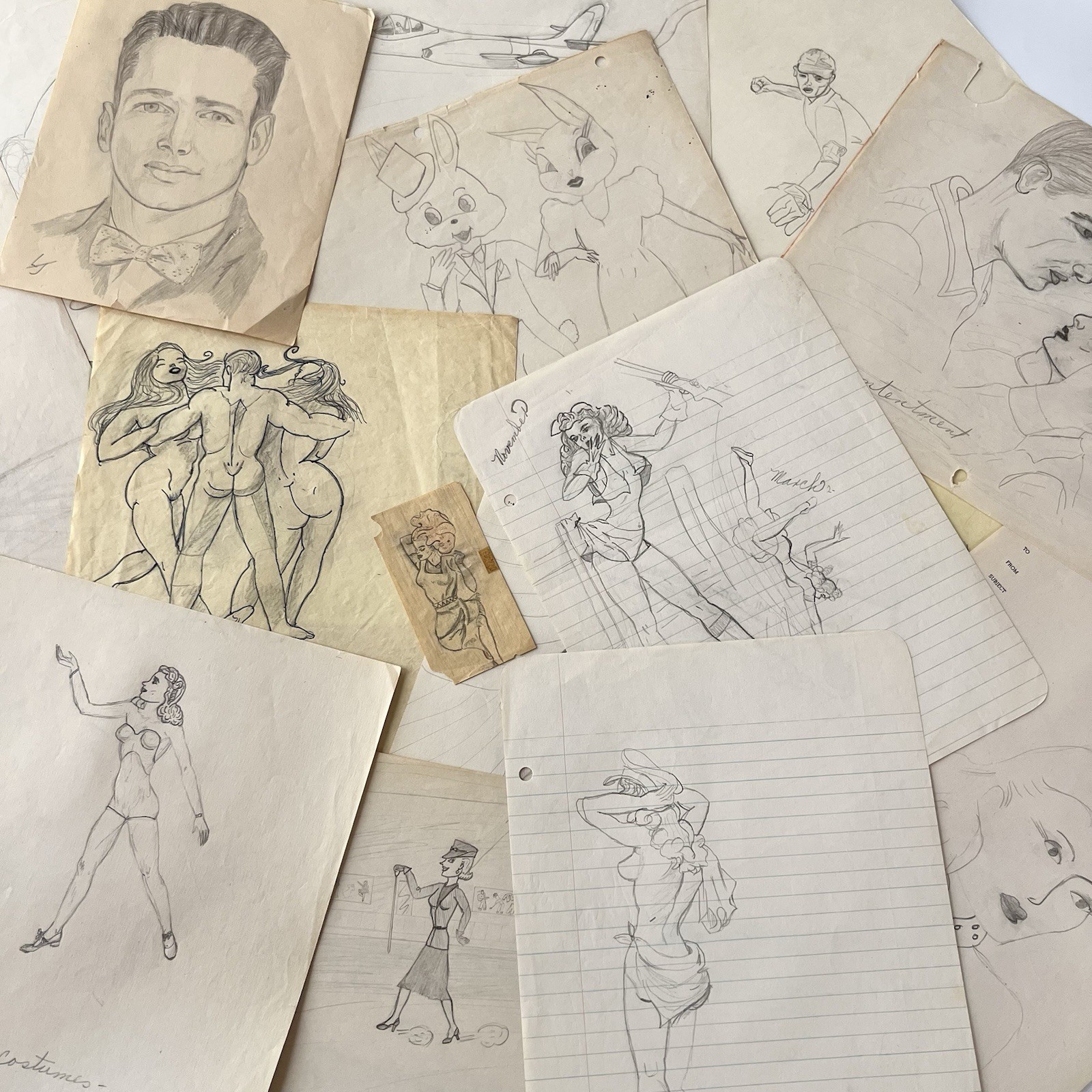 Vintage 40s Doodle Drawing Odd Risqué Pinup Aviation Outsider Folk Art Signed