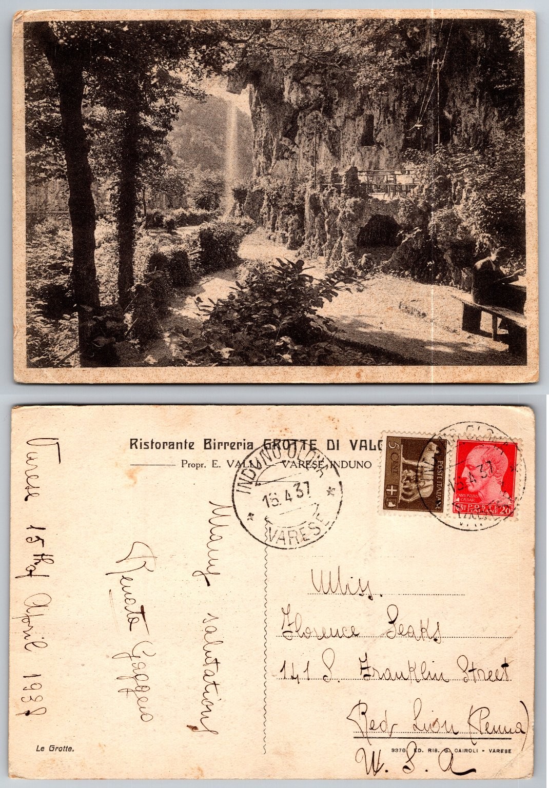 1937 Le Grotte di Induno Olona Varese Italy Waterfall RPPC Postcard