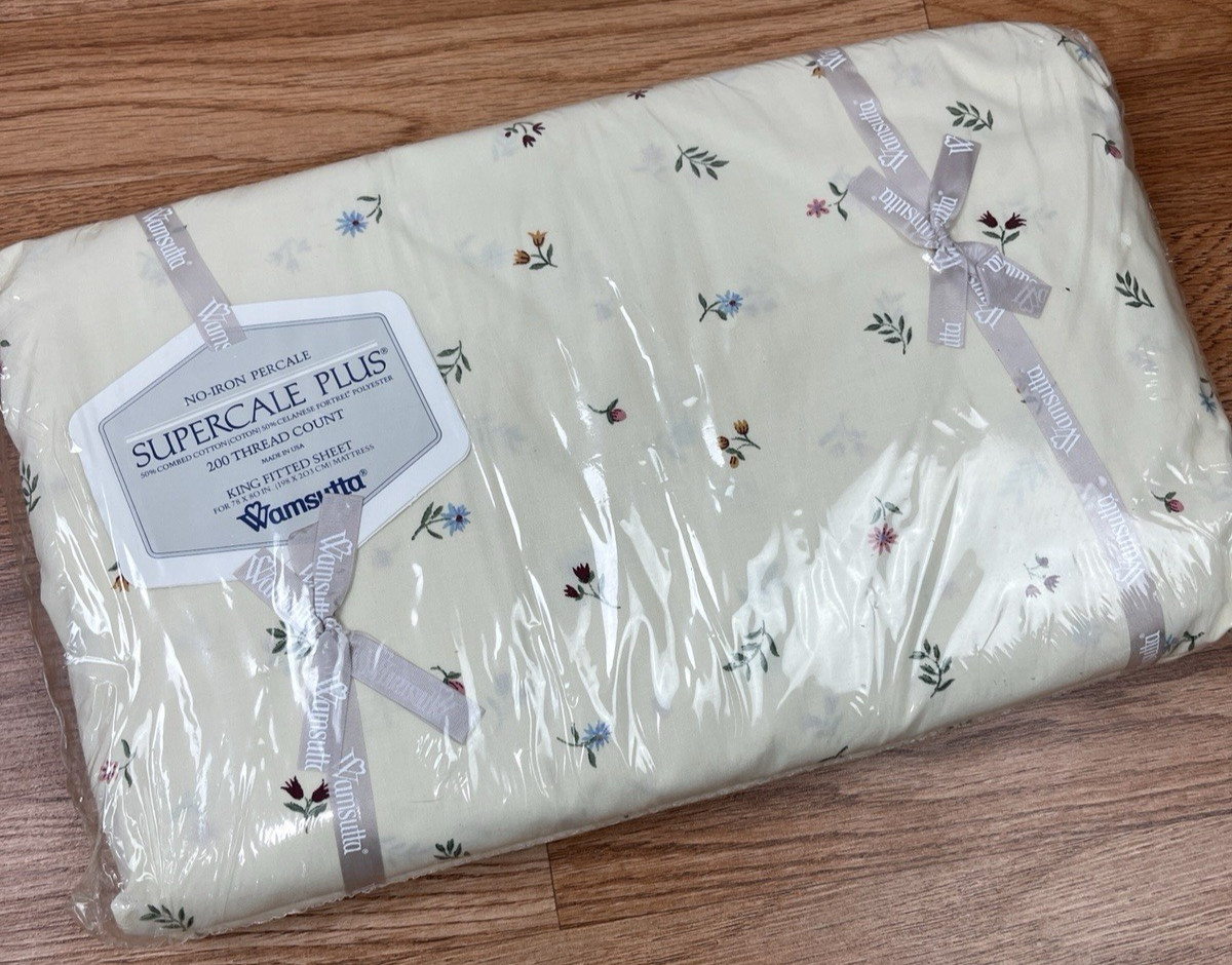 Vintage Wamsutta Supercale Plus King Size Fitted Sheet Cream Floral NEW