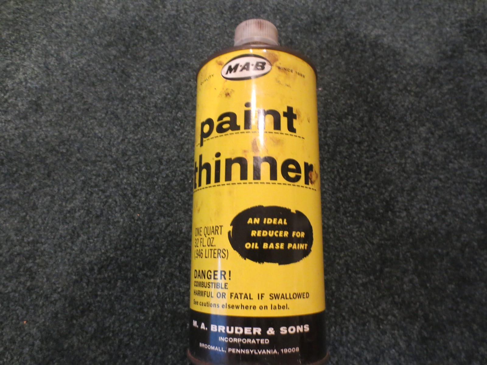 EARLY VINTAGE ORIGINAL 'MAB' PAINT THINNER CAN - BROOMALL, PA