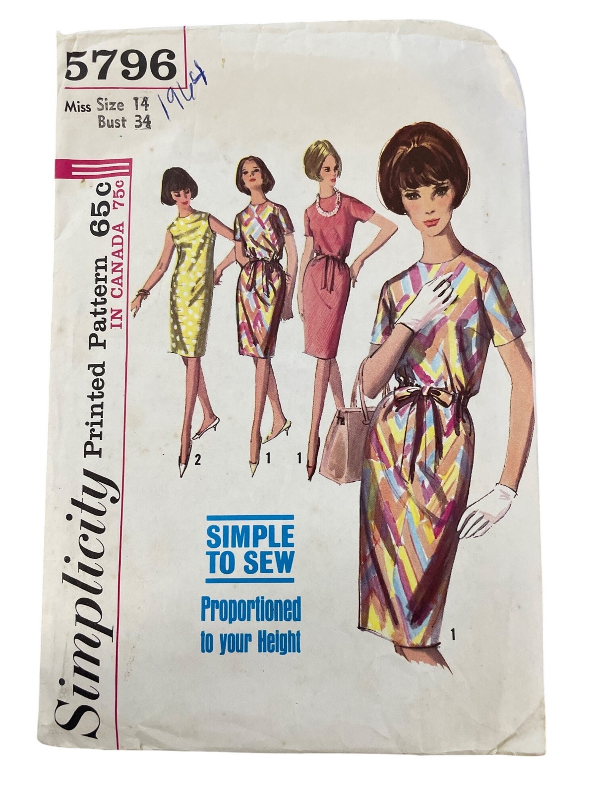 Vintage 60s Simplicity 5796 Sewing Pattern Size 14 Misses One Piece Dress CUT 