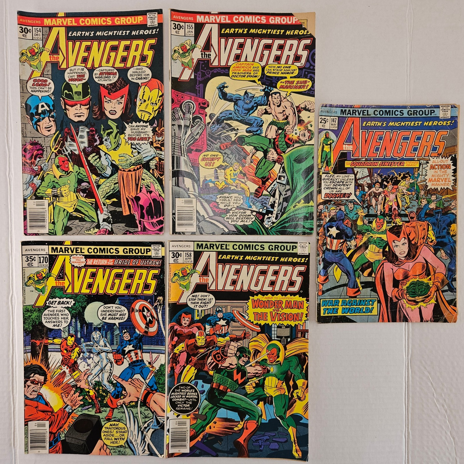 Lot of 5 Vintage Marvel Avengers Bronze Age Comics #141 #154 #155 #158 #170