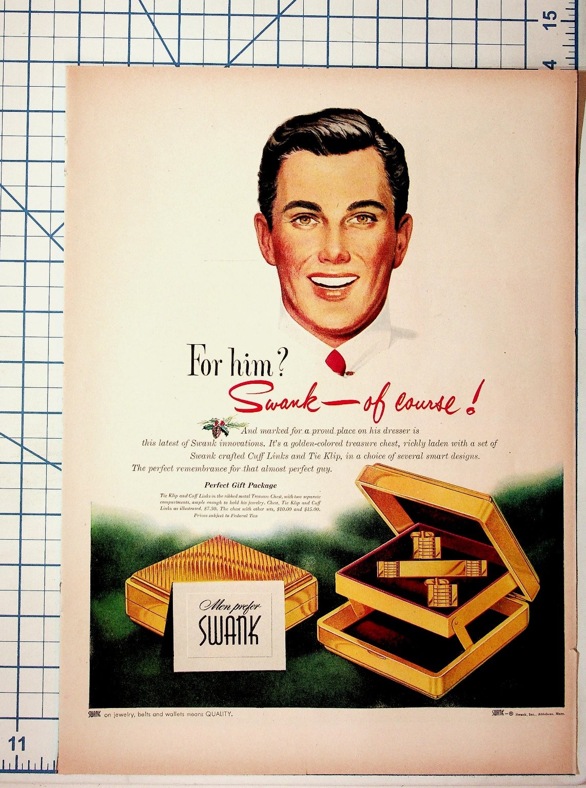 Vintage Swank Mens Cufflinks Tie Clip Ad Magazine Ephemera Attleboro MA
