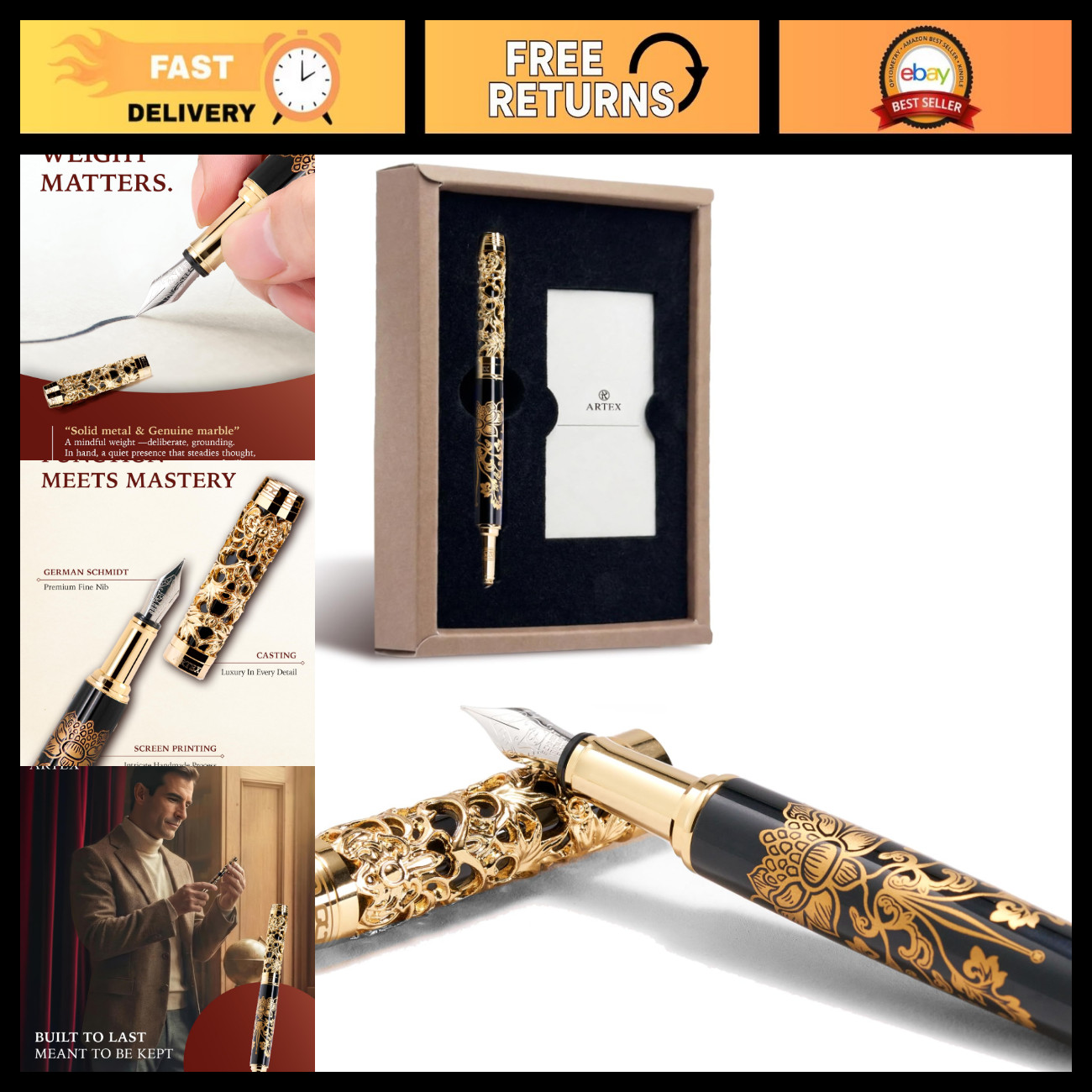 Elegant Gold Lotus Fountain Pen Gift Set - Luxury Writing Instrument & Collector