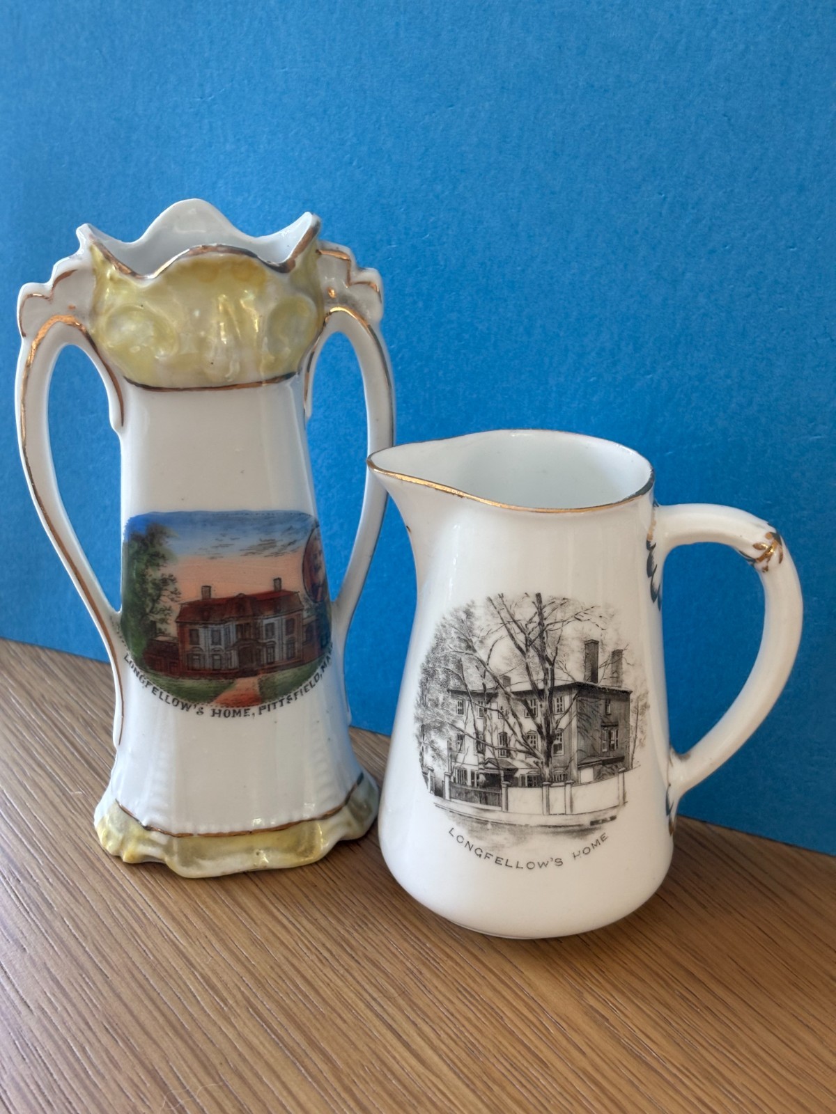 PAIR antique SOUVENIR CHINA PCS VASE/PITCHER LONGFELLOWS HOUSE PITTSFIELD MASS