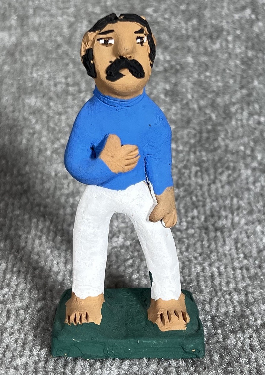 Vintage Josefina Aguilar Signed Mexican Folk Art Clay Male Figure Blue White