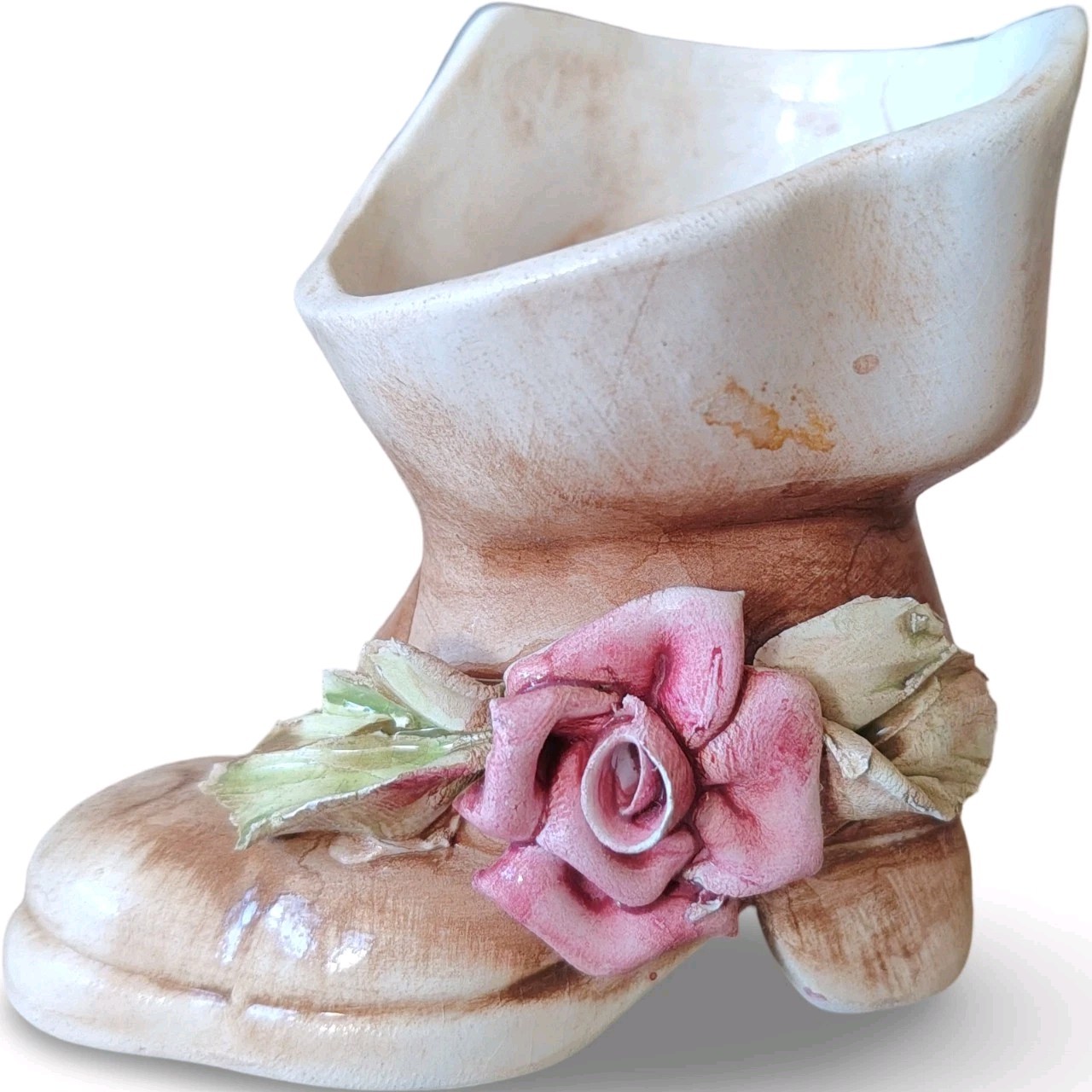 Vintage Italian Ceramic Shoe Boot Planter Figurine Pink Applied Rose Made Italy