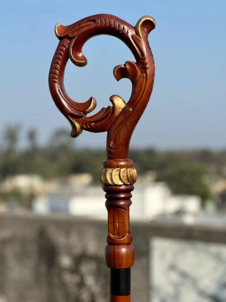 New Handcrafter Beautiful Fully Wooden Crozier Engraved Walking Sick Cane Gift