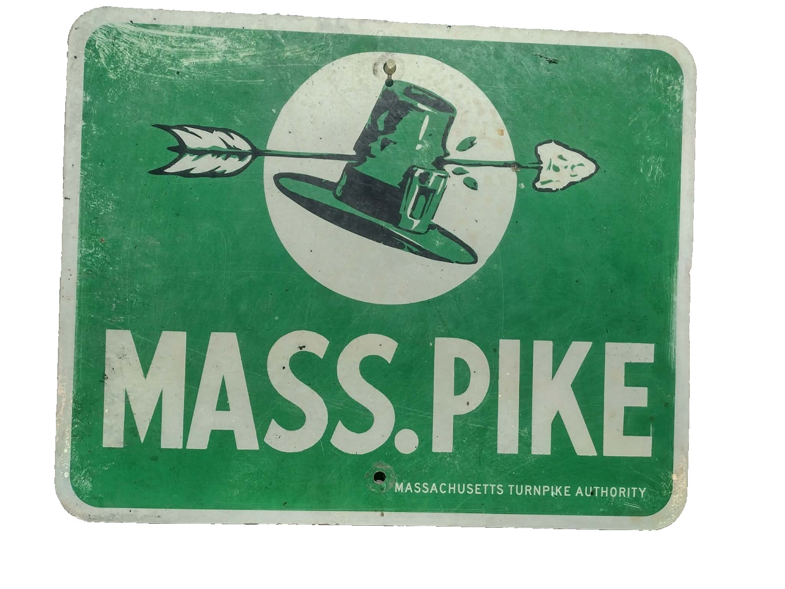 RARE Original Massachusetts Turnpike MASS PIKE Arrow Through the Hat Sign BANNED