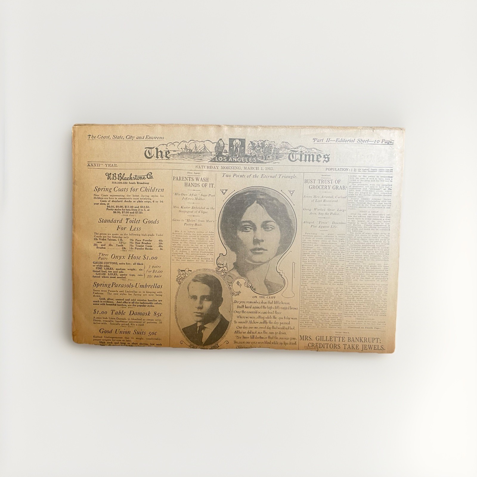 Los Angeles Times Newspaper Vintage March 1913 RARE Two Parts