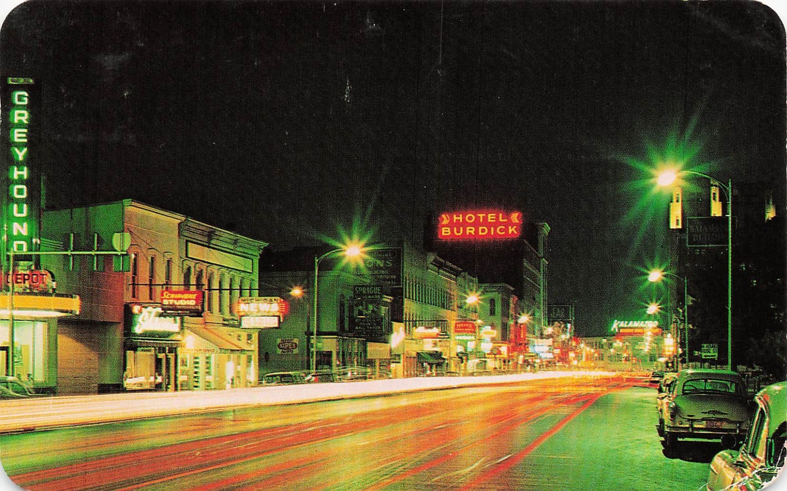 Kalamazoo MI Downtown Michigan Avenue Night Hotel Burdick Vtg Postcard 33A