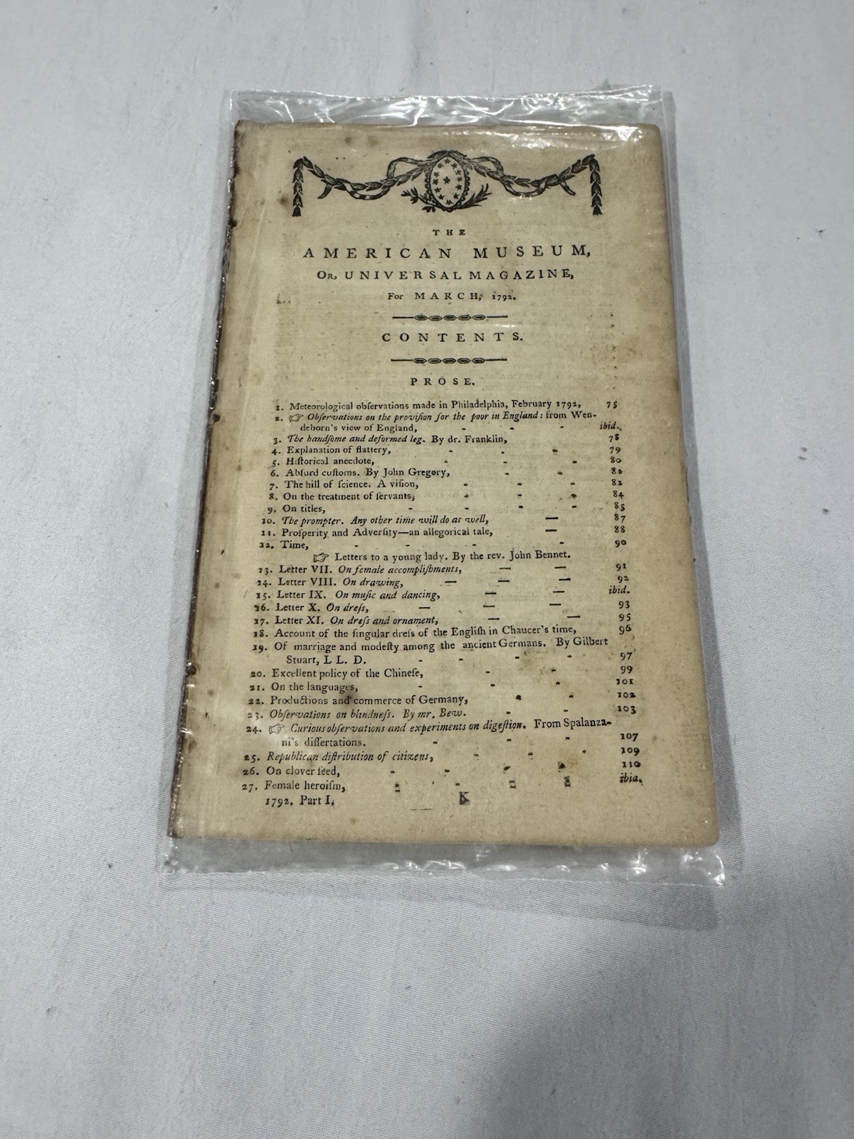 1792 The American Museum Magazine – Thomas Jefferson & Benjamin Franklin – Rare