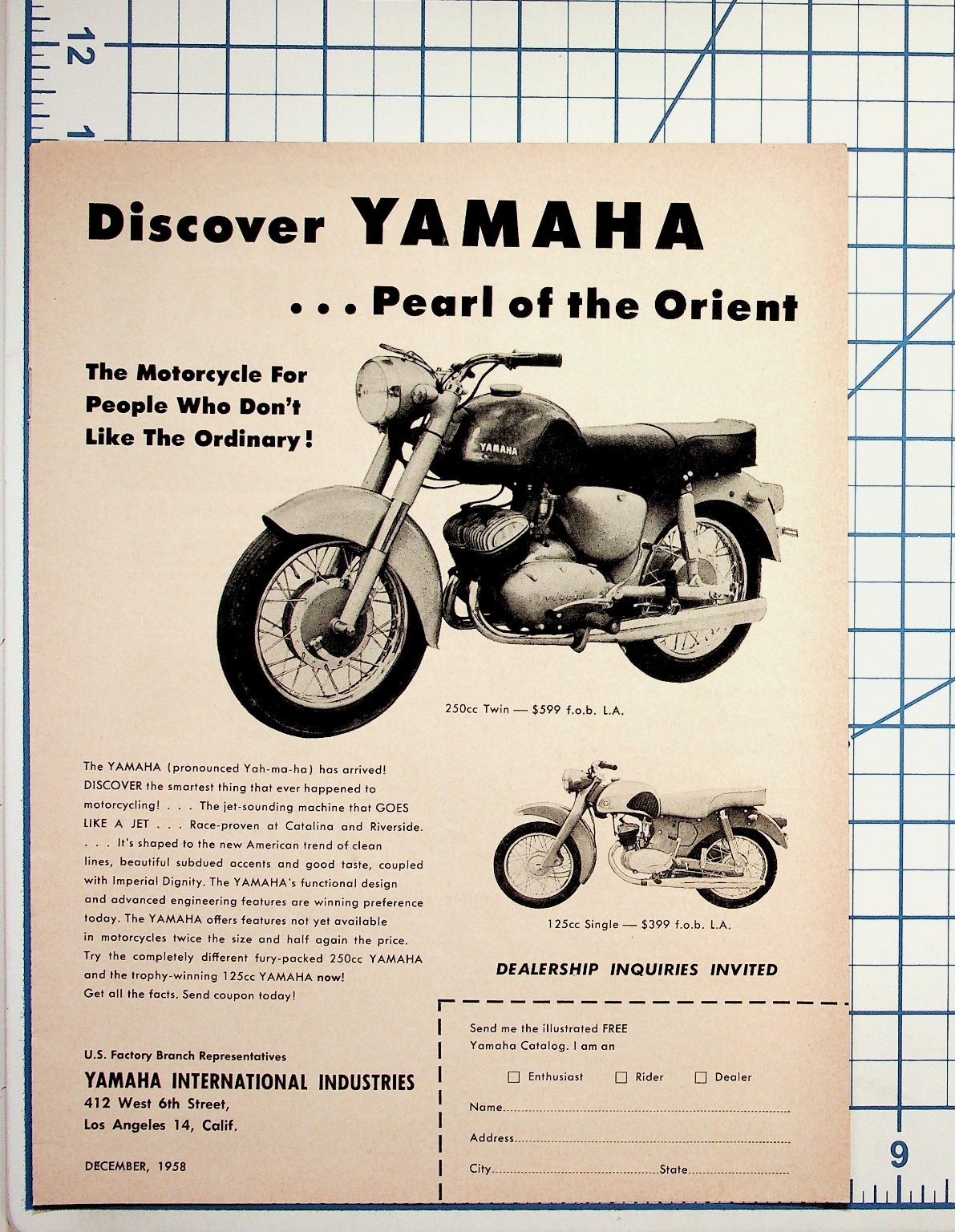 1958 Yamaha Motorcycle Ad 250cc Twin 125cc Single Pearl of the Orient Vintage