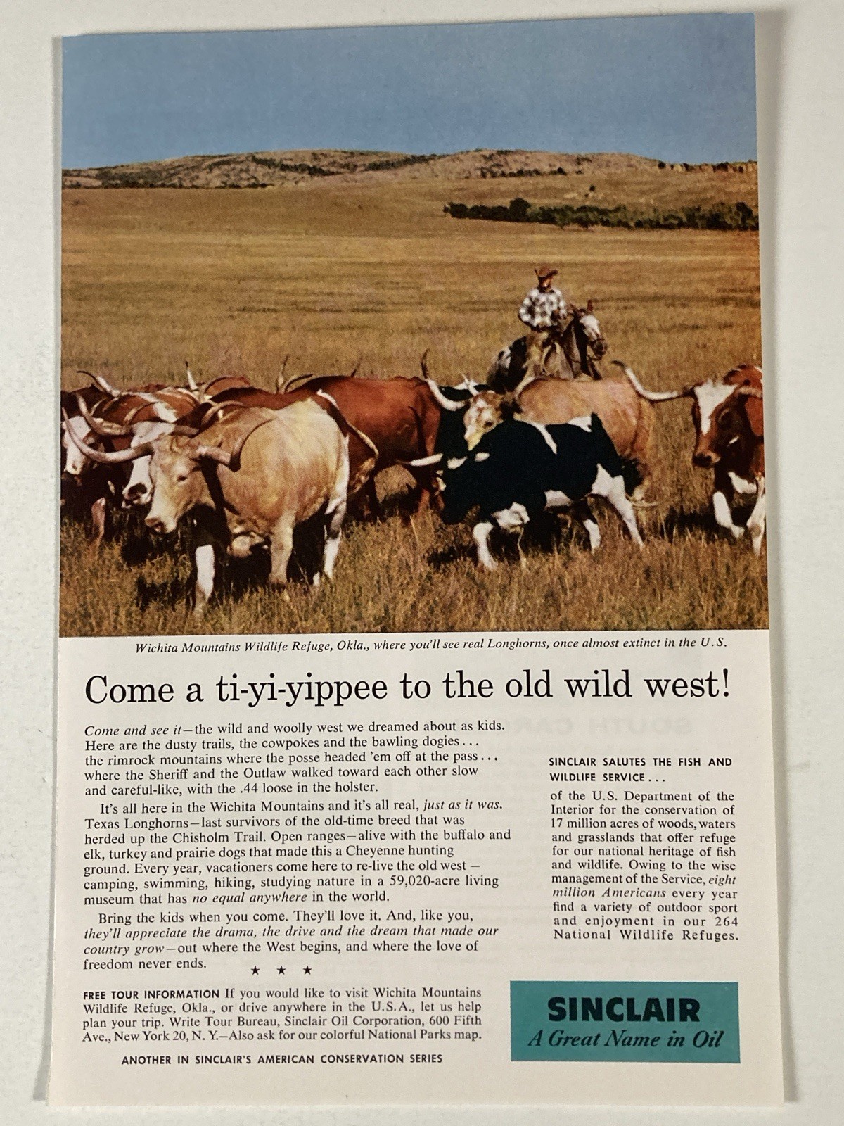 1958 Sinclair Motor Oil Print Ad Wichita Mountains Wildlife Refuge