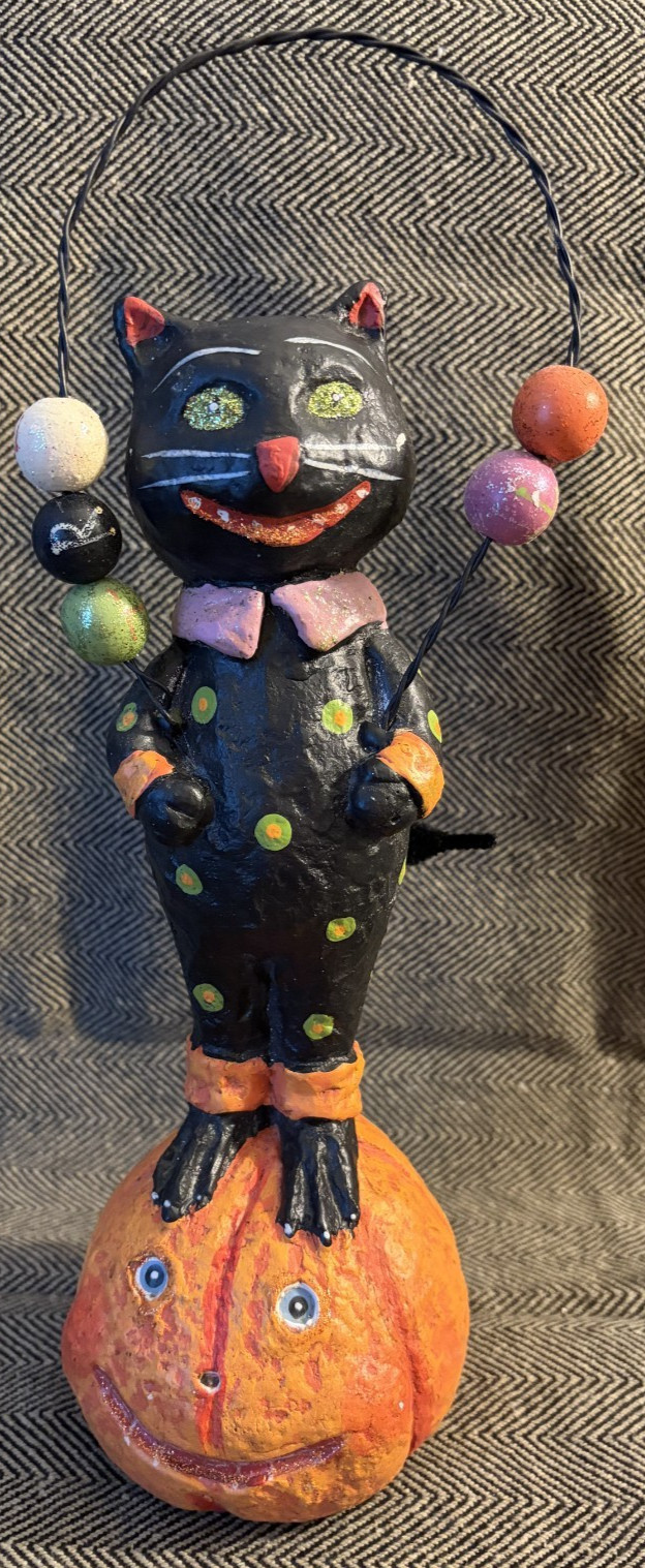 Vintage Primitive Folk Art Halloween Clown Juggling Cat and Jack-o-Lantern