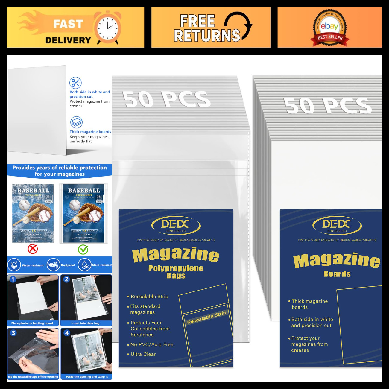 100 PCS Resealable Magazine Bags with Boards - Clear Storage Sleeves for Protect