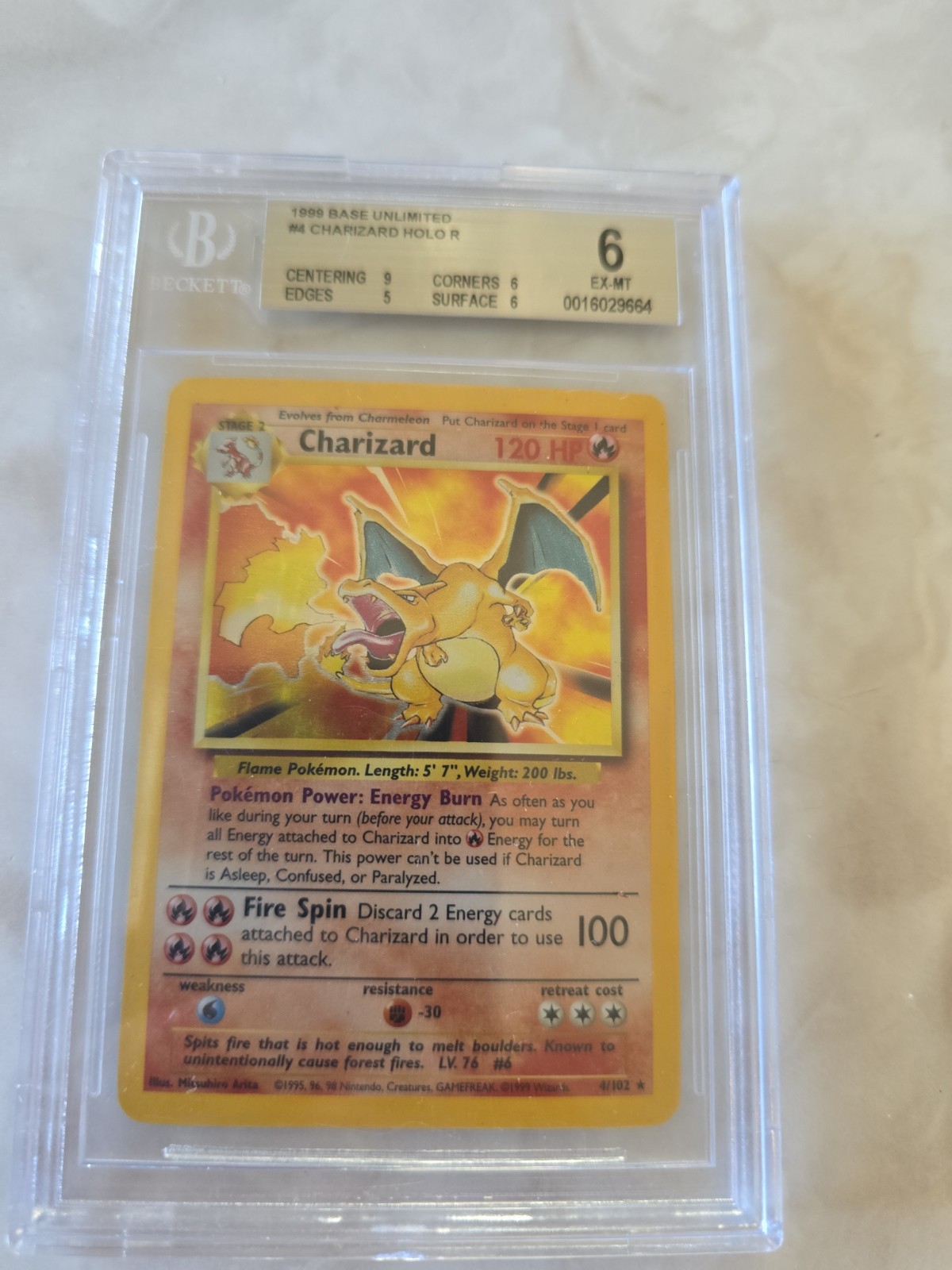 Pokémon Base Set Charizard Holo #4/102 Beckett 6 Excellent/Mint English Graded
