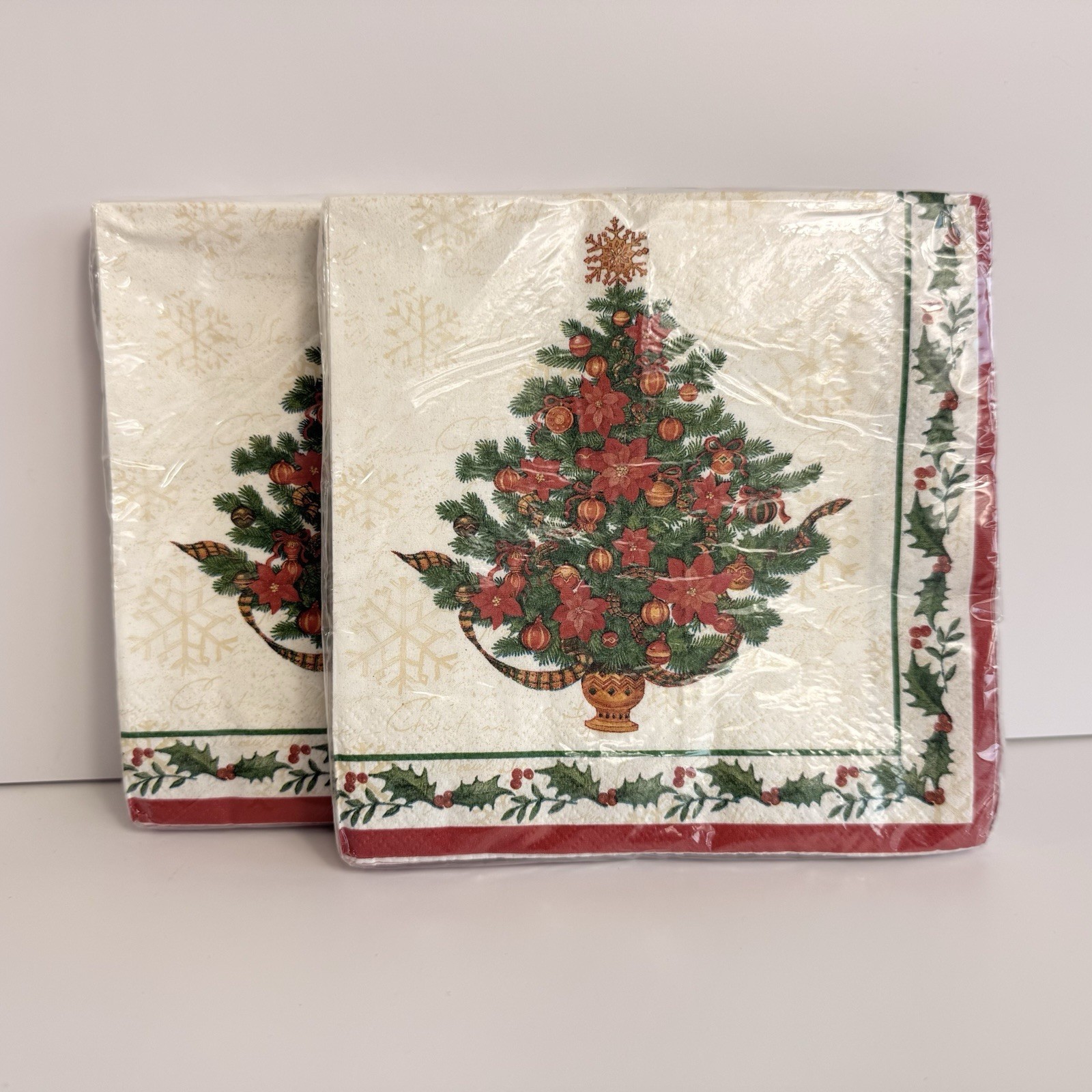Vintage Unique Festive Poinsettia Christmas Tree 2-Ply Paper Napkins Lot of 2