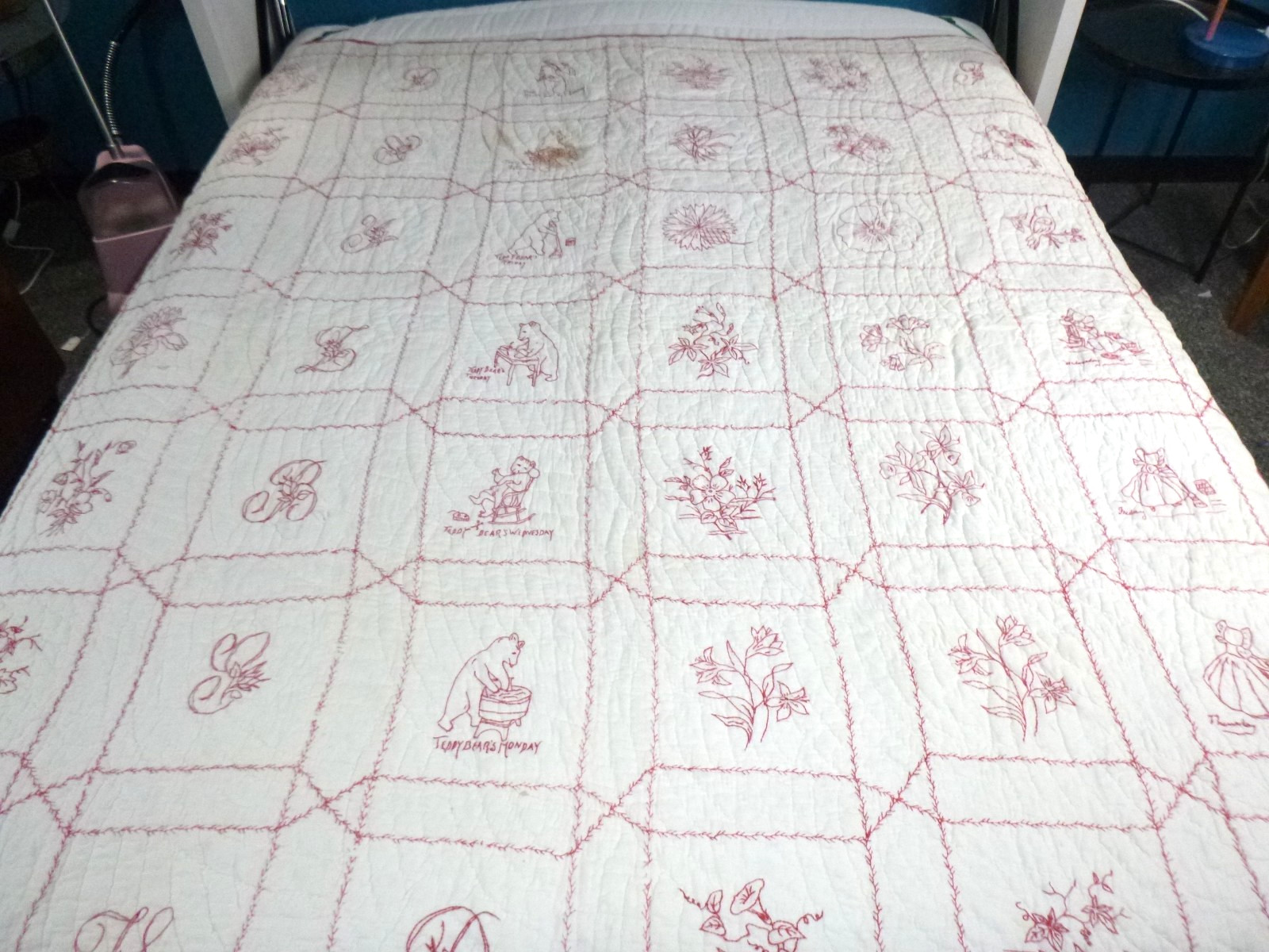 Antique Redwork Embroidered Quilt Coverlet Hand Stitched & Quilted 66x72\