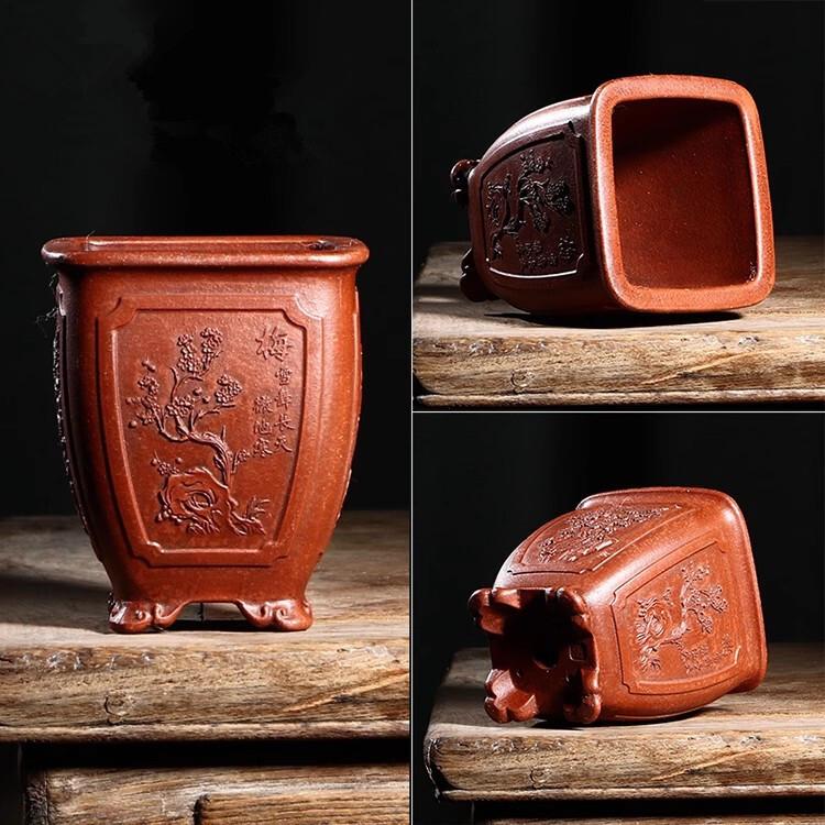 4.3in Chinese Classical Painting Yixing Zisha Pot, Handmade Orchid Bonsai Decor