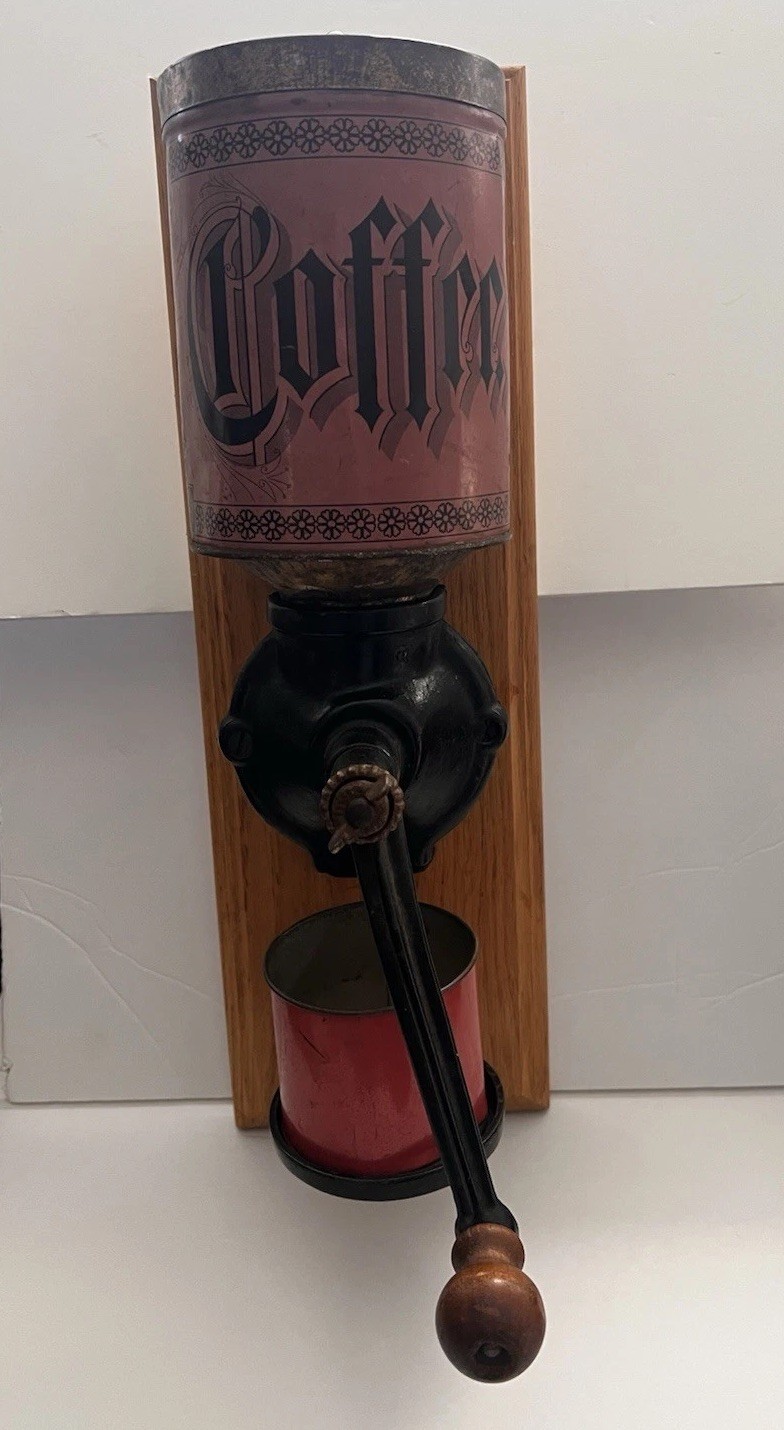 Antique Wall-Mounted Coffee Grinder With Tins For Beans And Grounds