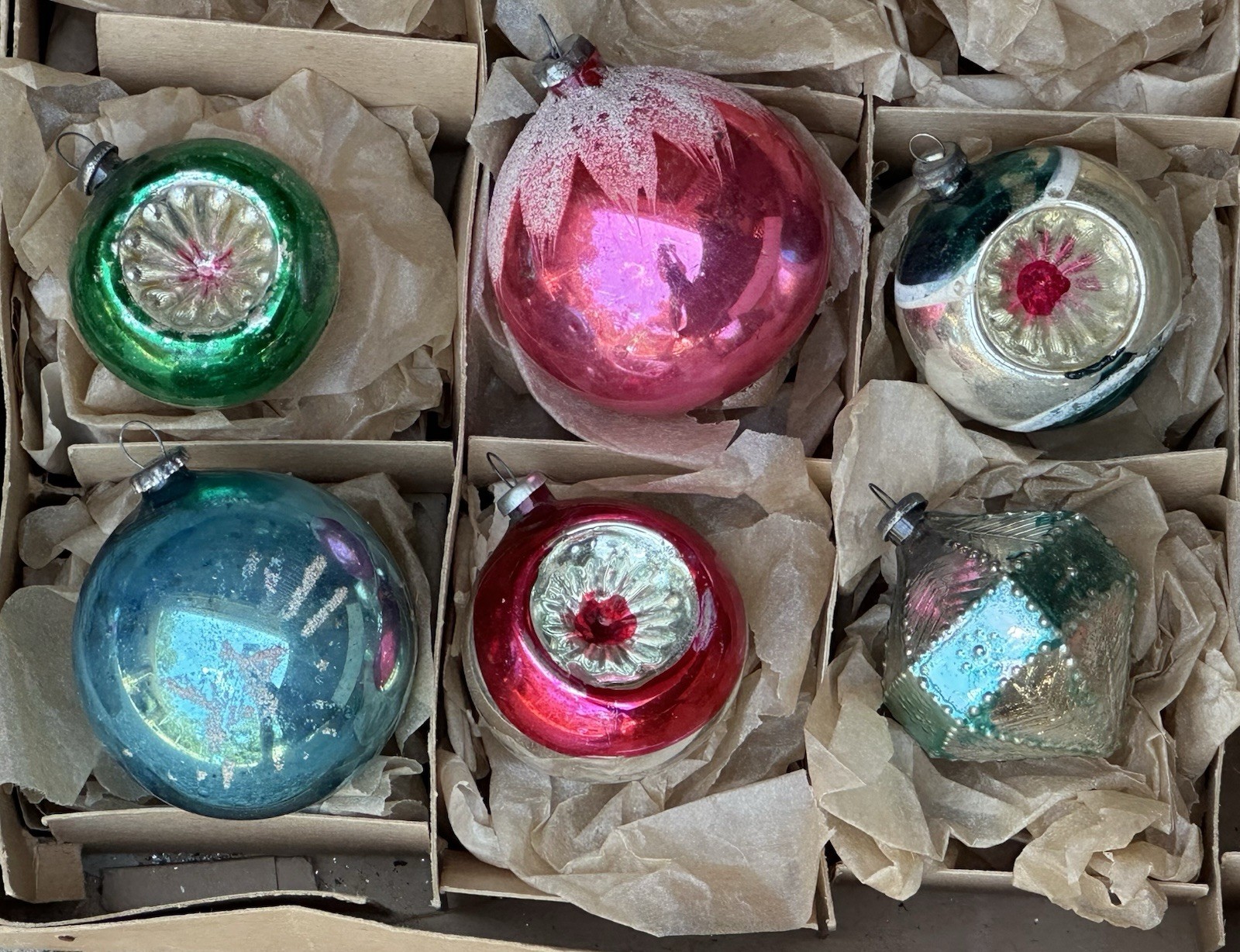 Vintage Japan Feather-tree Indent Mica Snowcap Stencil Glass Ornaments