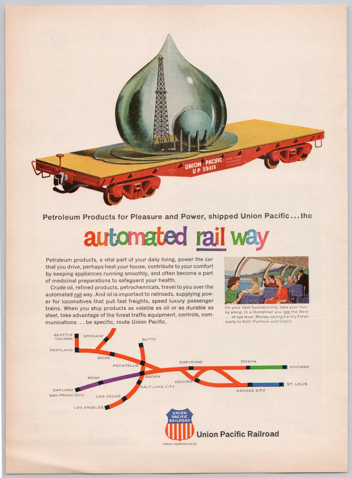 1965 Union Pacific Railroad Flat Car Vintage Print Ad Surrealist Art Route Map