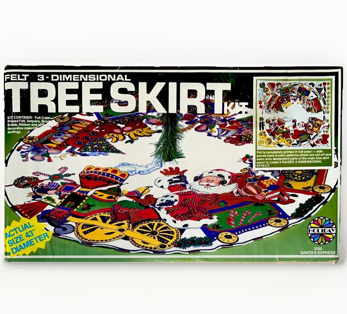 Vtg 70’s Christmas Sequin & Felt Tree Skirt Kit SANTA'S EXPRESS Holiday Industry