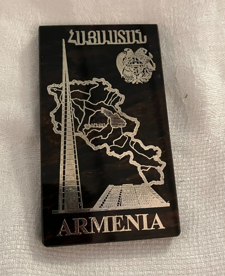 Vintage Armenian Mahogany Obsidian Plaque Souvenir Tsitsernakaberd Monument