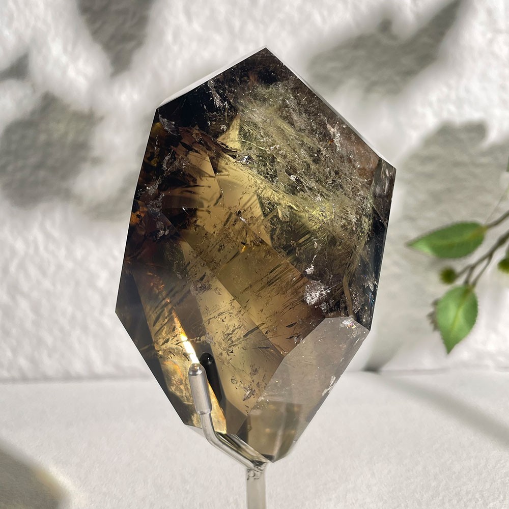 Natural Smoky Citrine Crystal Faceted Freeform Huge Rainbow Specimen W/ Stand