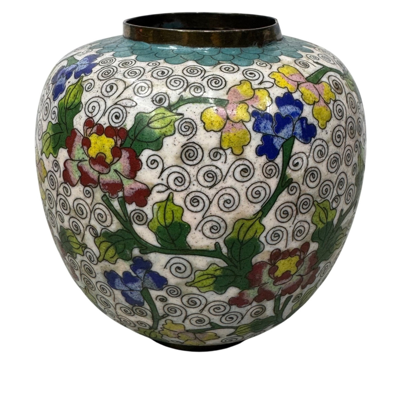Antique Chinese Cloisonné Vase Ginger Jar Urn Floral Design 5” Tall No Lid Vtg