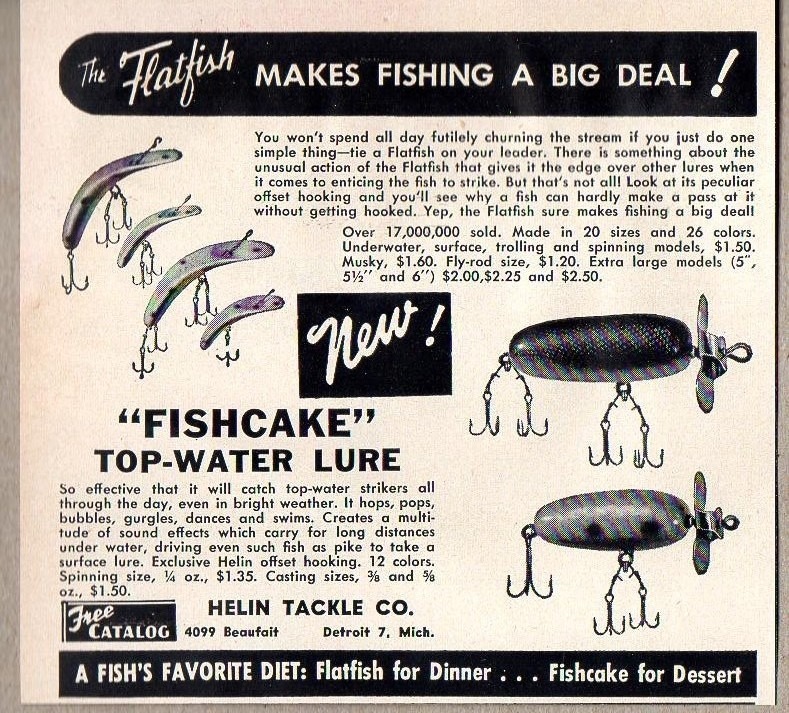 1956 Print Ad Flatfish Fishing Lures & Fishcake Top Water Lure Detroit,MI