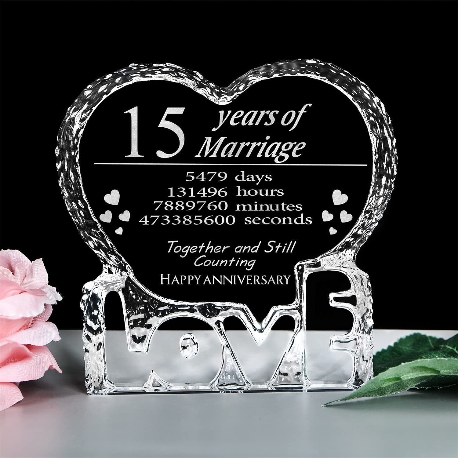 Custom Engraved Heart-Shaped Crystal 15th Anniversary Wedding Year Gift Heart