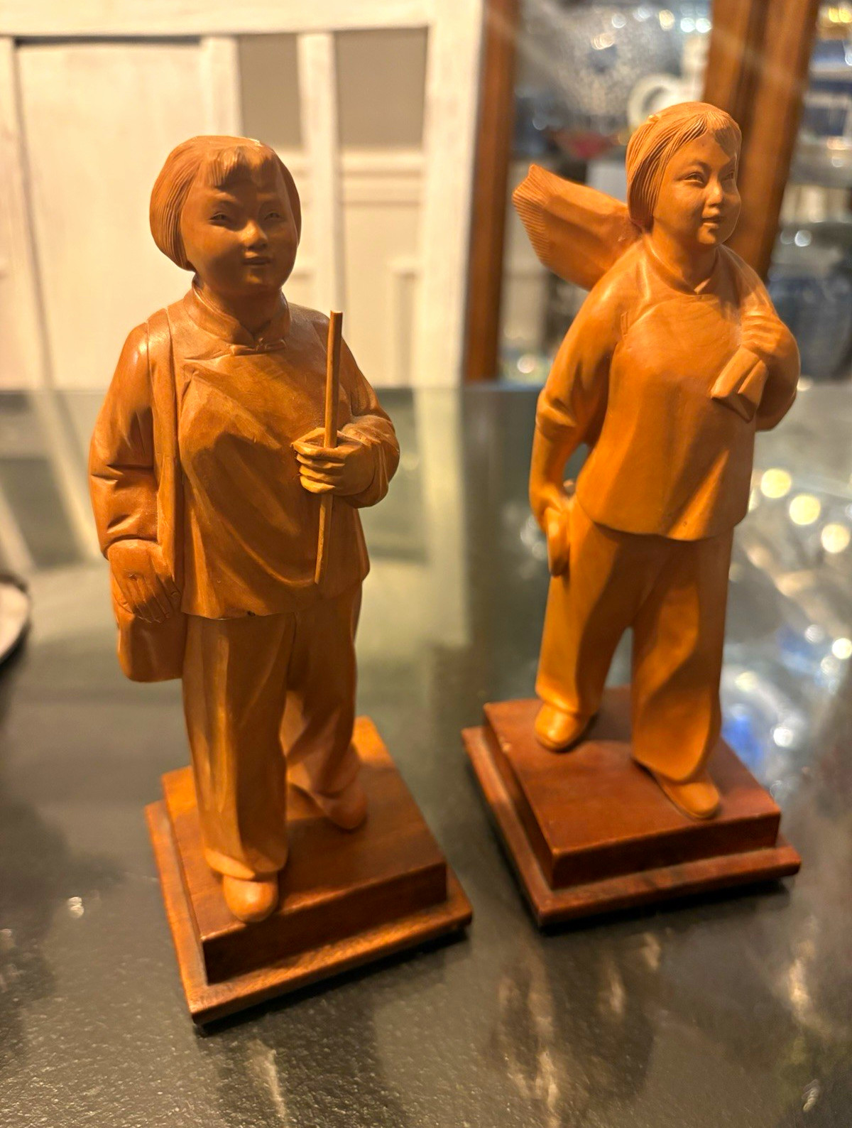 Chinese Pair Carved Wooden Child Figure Statues on Square Stands